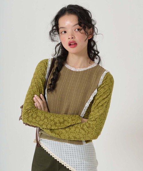 TINA:JOJUN(ティーナジョジュン)の「異素材パネルデザイン ロンT TINA:JOJUN(Tシャツ/カットソー・レディース・カーキ/ベビーピンク・M)」の9枚目の写真