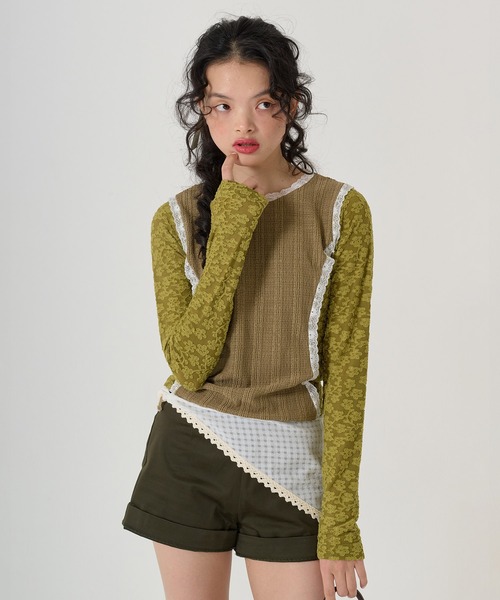 TINA:JOJUN(ティーナジョジュン)の「異素材パネルデザイン ロンT TINA:JOJUN(Tシャツ/カットソー・レディース・カーキ/ベビーピンク・M)」の10枚目の写真