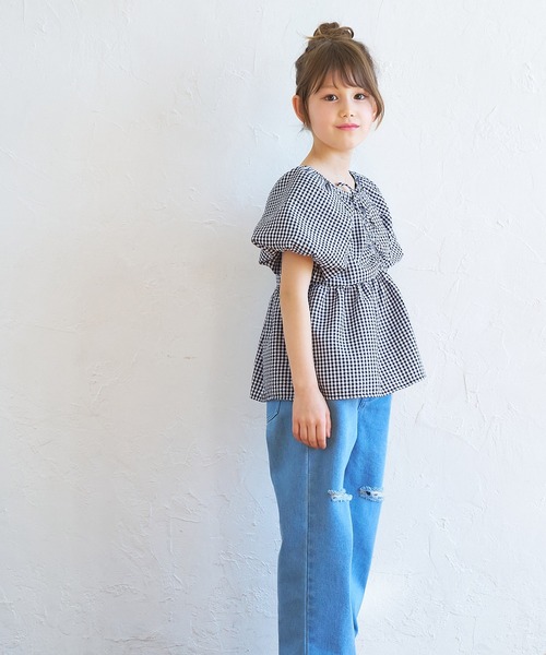 シャーリングギンガムブラウス セール 60%OFF】ギンガム袖シャーリングハイネックブラウス