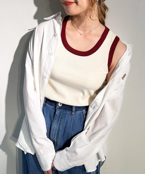 DOUBLE NAME（ダブルネーム）の「ランダムリブ配色トリムタンク（キャミソール・レディース・オフホワイト/ブルー/オレンジ/スミクロ・FREE）」の2枚目の写真