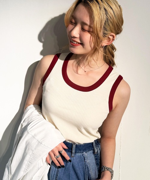 DOUBLE NAME（ダブルネーム）の「ランダムリブ配色トリムタンク（キャミソール・レディース・オフホワイト/ブルー/オレンジ/スミクロ・FREE）」の16枚目の写真