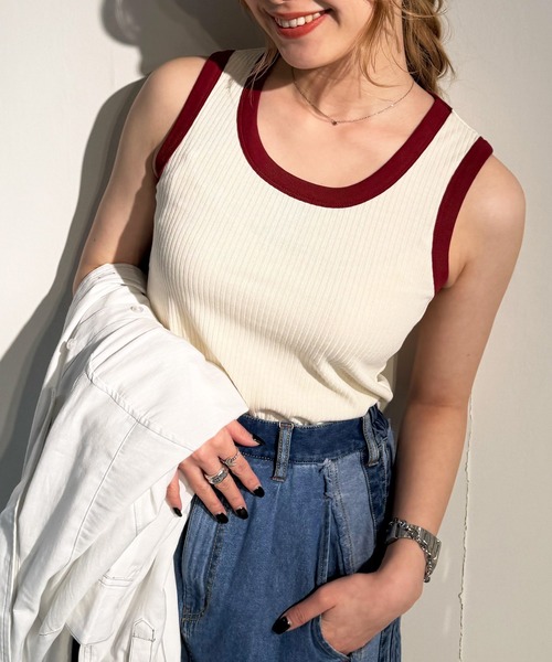 DOUBLE NAME（ダブルネーム）の「ランダムリブ配色トリムタンク（キャミソール・レディース・オフホワイト/ブルー/オレンジ/スミクロ・FREE）」の17枚目の写真