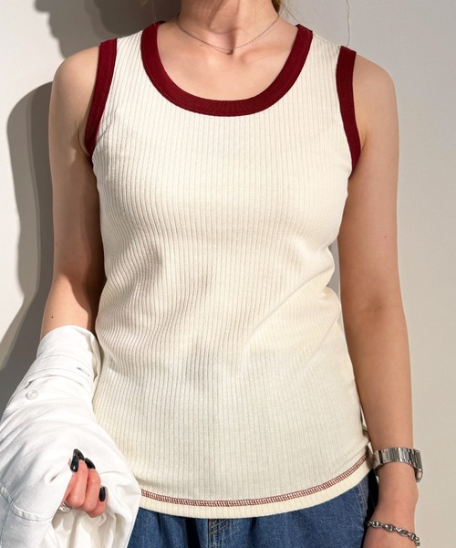 DOUBLE NAME（ダブルネーム）の「ランダムリブ配色トリムタンク（キャミソール・レディース・オフホワイト/ブルー/オレンジ/スミクロ・FREE）」の18枚目の写真