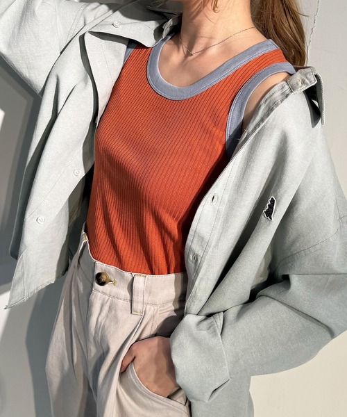 DOUBLE NAME（ダブルネーム）の「ランダムリブ配色トリムタンク（キャミソール・レディース・オフホワイト/ブルー/オレンジ/スミクロ・FREE）」の10枚目の写真