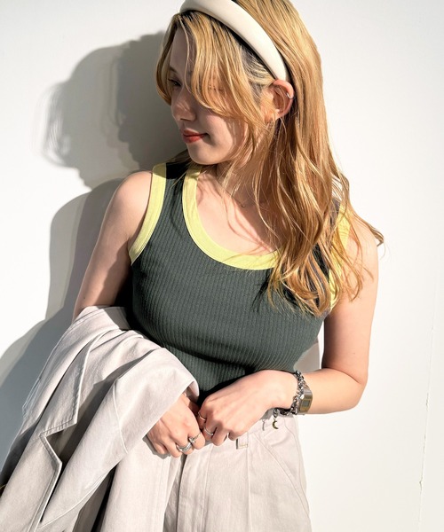 DOUBLE NAME（ダブルネーム）の「ランダムリブ配色トリムタンク（キャミソール・レディース・オフホワイト/ブルー/オレンジ/スミクロ・FREE）」の14枚目の写真