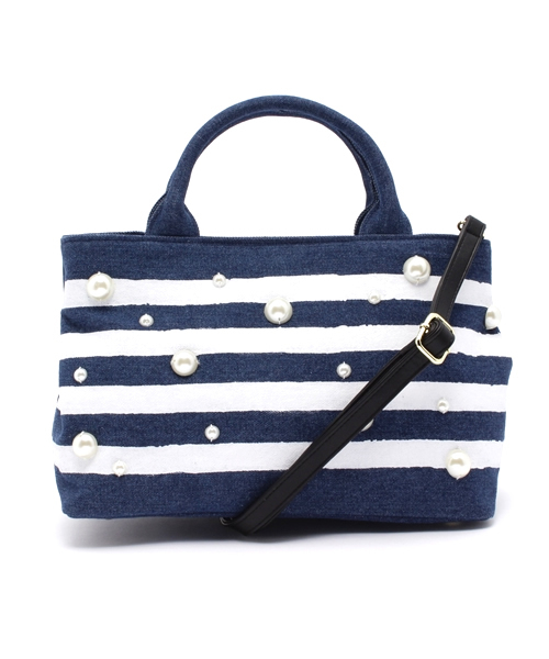 Ray BEAMS(レイビームス)の「Ray BEAMS / パール ボーダー トート(トートバッグ・レディース・ホワイト/インディゴブルー・ONE SIZE)」の2枚目の写真