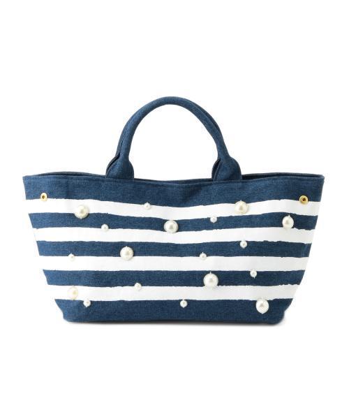 Ray BEAMS(レイビームス)の「Ray BEAMS / パール ボーダー トート(トートバッグ・レディース・ホワイト/インディゴブルー・ONE SIZE)」の3枚目の写真