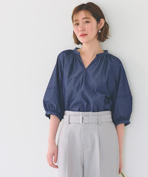 grove(グローブ)の「【夏に嬉しい機能付き】ランタンスリーブシャツブラウス(シャツ/ブラウス・レディース・ベビーピンク/ネイビー/ネイビー系2/ブルー系7/オフホワイト・02/03/01/04/05)」の2枚目の写真