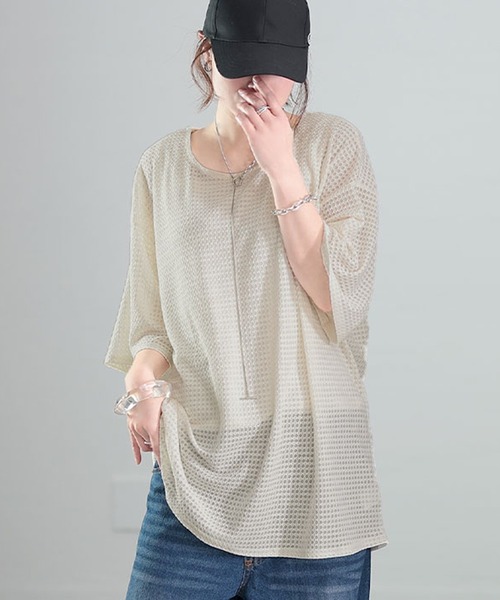 GOLDJAPAN(ゴールドジャパン)の「ダイヤ柄ジャガードビッグTシャツ【大きいサイズ対応】(Tシャツ/カットソー・レディース・ブラウン/オフホワイト/ブラック・LL~3L/4L~5L)」の2枚目の写真