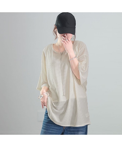 GOLDJAPAN(ゴールドジャパン)の「ダイヤ柄ジャガードビッグTシャツ【大きいサイズ対応】(Tシャツ/カットソー・レディース・ブラウン/オフホワイト/ブラック・LL~3L/4L~5L)」の11枚目の写真