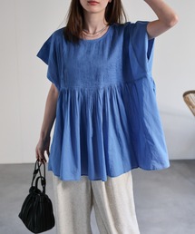【India Fabric】ピンタックギャザーペプラムブラウス/インド綿/インドコットン