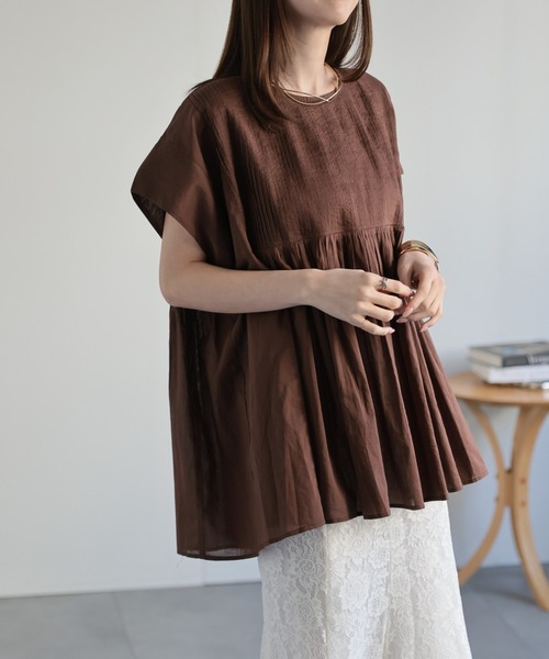 【India Fabric】ピンタックギャザーペプラムブラウス/インド綿/インドコットン