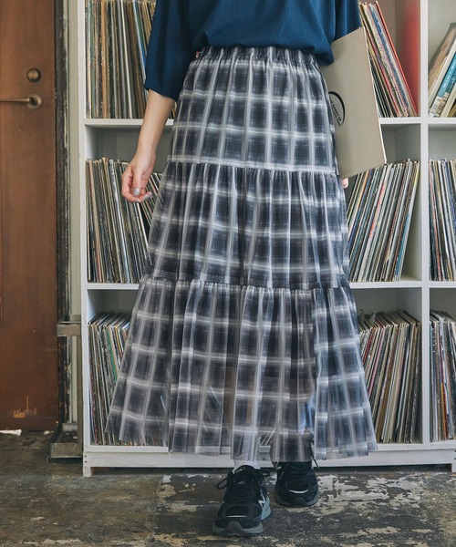 シアーチェック ティアード ロングスカート MONO-MART LADY'S