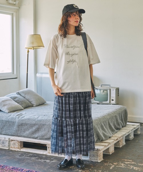 オブリ　ロングスカート　ブロックチェック　シアー　ティアード　S相当　美品 オブリ ロングスカート ブロックチェック シアー ティアード S