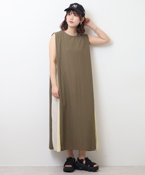 Anna Nicola(アンナニコラ)の「Anna Nicola 配色ロングワンピース サイド切り替え 脇ラメテープ ノースリ―ブ(ワンピース・レディース・カーキ/ネイビー/ブラック・38)」の1枚目の写真