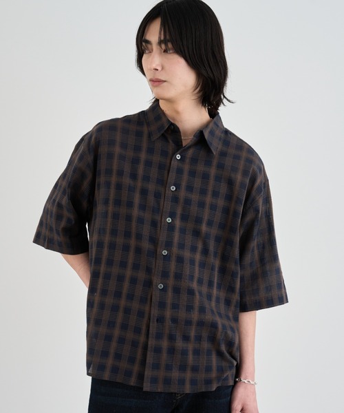 SINSS（シンス）の「Ombre check HS Shirt / オンブレチェックシャツ（半袖）（シャツ/ブラウス・メンズ・ネイビー/ブラック・MEDIUM/SMALL/X-SMALL/LARGE）」の2枚目の写真