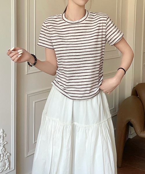 aimoha(アイモハ)の「ボーダー柄 半袖Tシャツ(Tシャツ/カットソー・レディース・グレー/ブラック/レッド/ベージュ・FREE)」の16枚目の写真