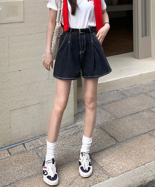 Lace Ladies（レースレディース）の「タック ステッチ入り ハイウエスト Aライン デニム ショートパンツ（デニムパンツ・レディース・ネイビー/ブラック/アイボリー・XS/S/M/L/XL）」の14枚目の写真