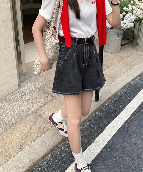 Lace Ladies（レースレディース）の「タック ステッチ入り ハイウエスト Aライン デニム ショートパンツ（デニムパンツ・レディース・ネイビー/ブラック/アイボリー・XS/S/M/L/XL）」の15枚目の写真