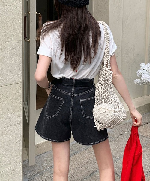Lace Ladies（レースレディース）の「タック ステッチ入り ハイウエスト Aライン デニム ショートパンツ（デニムパンツ・レディース・ネイビー/ブラック/アイボリー・XS/S/M/L/XL）」の16枚目の写真