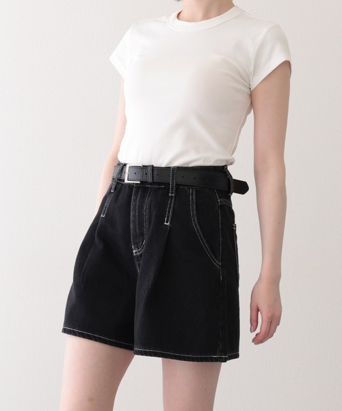 Lace Ladies（レースレディース）の「タック ステッチ入り ハイウエスト Aライン デニム ショートパンツ（デニムパンツ・レディース・ネイビー/ブラック/アイボリー・XS/S/M/L/XL）」の17枚目の写真
