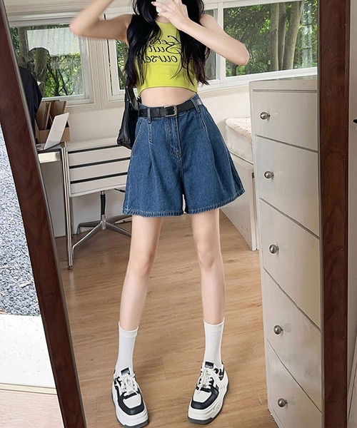 Lace Ladies（レースレディース）の「タック ステッチ入り ハイウエスト Aライン デニム ショートパンツ（デニムパンツ・レディース・ネイビー/ブラック/アイボリー・XS/S/M/L/XL）」の19枚目の写真