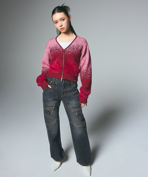 X-girl（エックスガール）の「JACQUARD KNIT COMPACT CARDIGAN（カーディガン/ボレロ・レディース・チャコール/バーガンディー・ONE SIZE）」の9枚目の写真