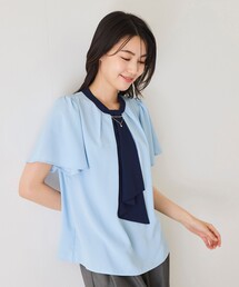 ボウタイ配色半袖フリルブラウス
