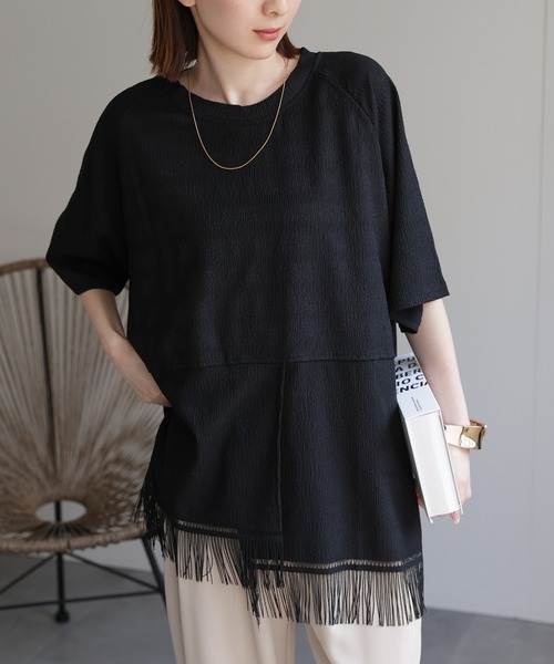 CREARE -LINO-(クレアーレリノ)の「スリットフリンジTシャツ(Tシャツ/カットソー・レディース・ブラック/ホワイト・FREE)」の1枚目の写真