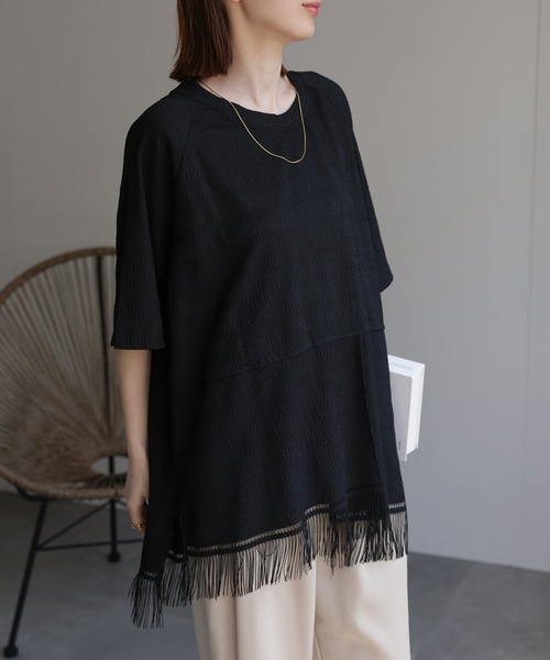 CREARE -LINO-(クレアーレリノ)の「スリットフリンジTシャツ(Tシャツ/カットソー・レディース・ブラック/ホワイト・FREE)」の9枚目の写真
