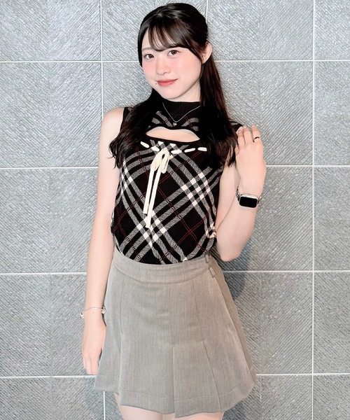 アメリ2点セット ノースリニット チェックパンツ レディースまとめ売り チェックリボンノースリニット（ニット/セーター）｜NOMAE