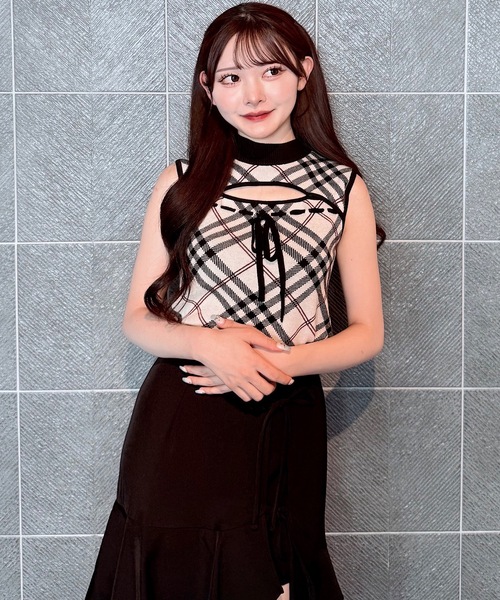 NOMAE チェックリボンショートレイヤードニット チェックリボン