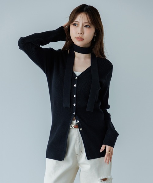 SENEE チョーカーリブニットカーディガン ブラック choker rib knit cardigan（チョーカーリブニットカーディガン