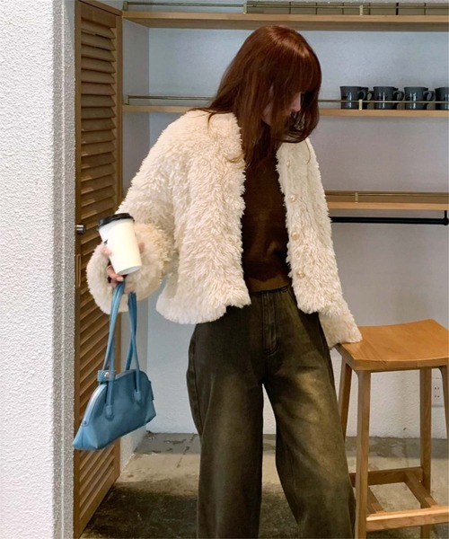 中綿キルティングプードルフェイクファージャケット（ダウンジャケット