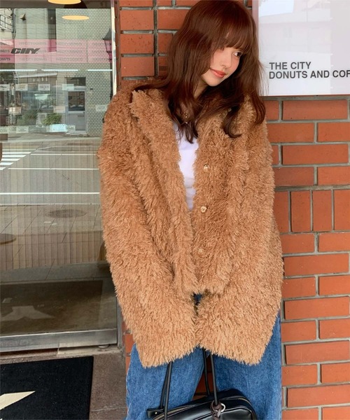 中綿キルティングプードルフェイクファージャケット（ダウンジャケット