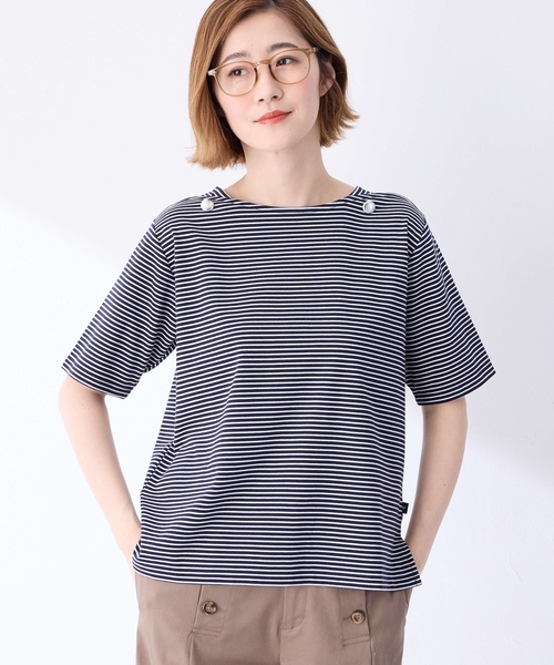 Petit Honfleur(プチオンフルール)の「【接触冷感】ボタンボーダープルオーバー【キシリトール加工】(Tシャツ/カットソー・レディース・ネイビー/レッド/グリーン・M/L)」の1枚目の写真