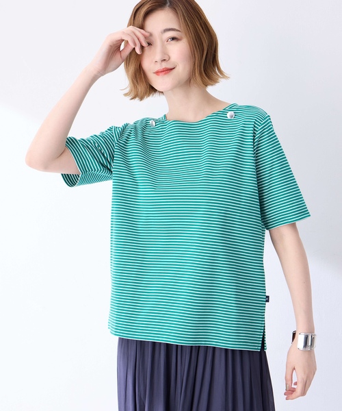 Petit Honfleur(プチオンフルール)の「【接触冷感】ボタンボーダープルオーバー【キシリトール加工】(Tシャツ/カットソー・レディース・ネイビー/レッド/グリーン・M/L)」の2枚目の写真