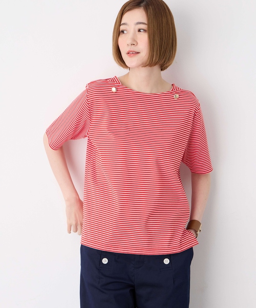 Petit Honfleur(プチオンフルール)の「【接触冷感】ボタンボーダープルオーバー【キシリトール加工】(Tシャツ/カットソー・レディース・ネイビー/レッド/グリーン・M/L)」の4枚目の写真