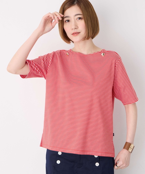 Petit Honfleur(プチオンフルール)の「【接触冷感】ボタンボーダープルオーバー【キシリトール加工】(Tシャツ/カットソー・レディース・ネイビー/レッド/グリーン・M/L)」の5枚目の写真