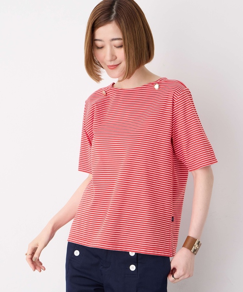 Petit Honfleur(プチオンフルール)の「【接触冷感】ボタンボーダープルオーバー【キシリトール加工】(Tシャツ/カットソー・レディース・ネイビー/レッド/グリーン・M/L)」の6枚目の写真