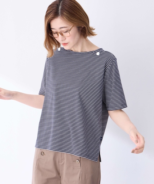 Petit Honfleur(プチオンフルール)の「【接触冷感】ボタンボーダープルオーバー【キシリトール加工】(Tシャツ/カットソー・レディース・ネイビー/レッド/グリーン・M/L)」の10枚目の写真