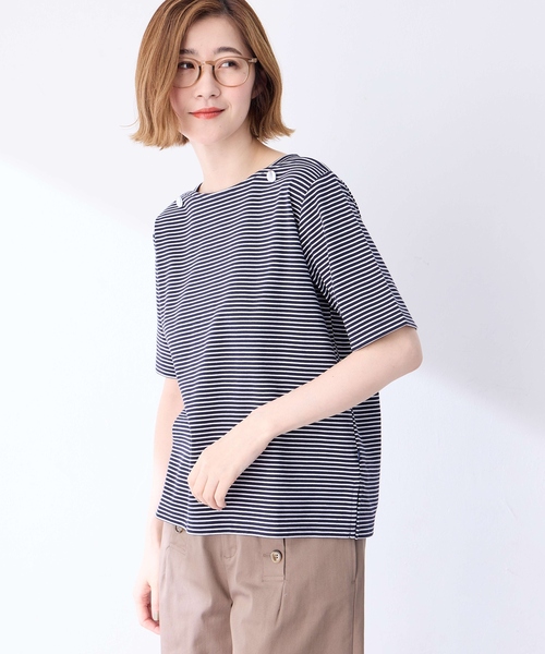 Petit Honfleur(プチオンフルール)の「【接触冷感】ボタンボーダープルオーバー【キシリトール加工】(Tシャツ/カットソー・レディース・ネイビー/レッド/グリーン・M/L)」の12枚目の写真