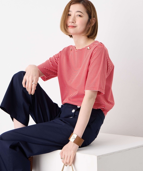 Petit Honfleur(プチオンフルール)の「【接触冷感】ボタンボーダープルオーバー【キシリトール加工】(Tシャツ/カットソー・レディース・ネイビー/レッド/グリーン・M/L)」の3枚目の写真