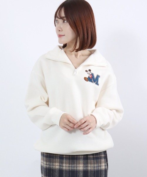 セール】Disney（ディズニー）ミッキーマウス刺繍 裏起毛ハーフジップ