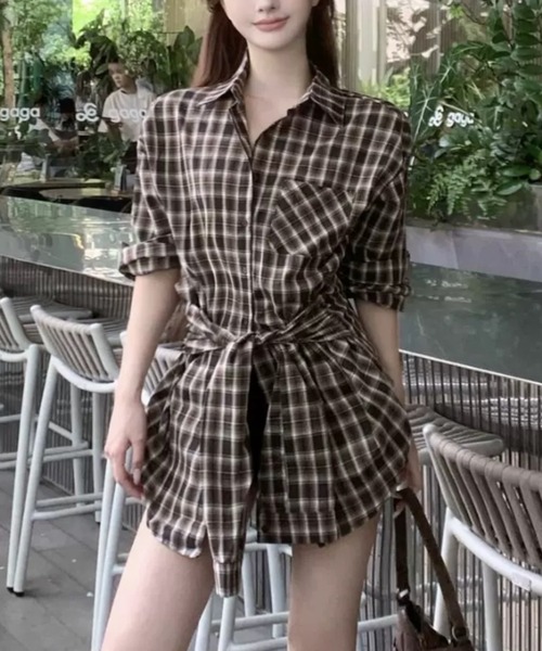 セール】共布リボンでウエストマーク◎チェック柄シャツトップス