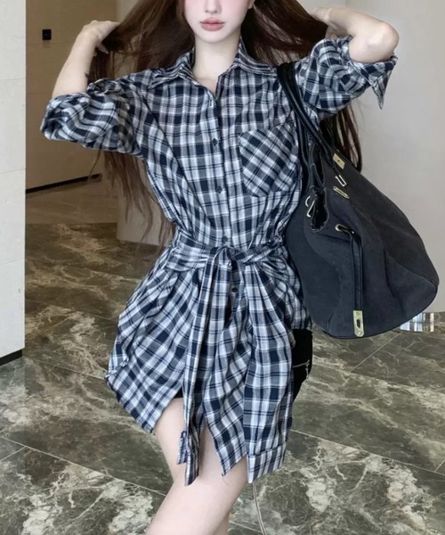 セール】共布リボンでウエストマーク◎チェック柄シャツトップス