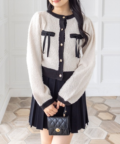 clear（クリア）の「ヒゲヤーン配色リボンニットカーディガン[大人 フェミニン 上品 ガーリー]（カーディガン/ボレロ・レディース・ピンク/アイボリー/ブラック・F）」の2枚目の写真