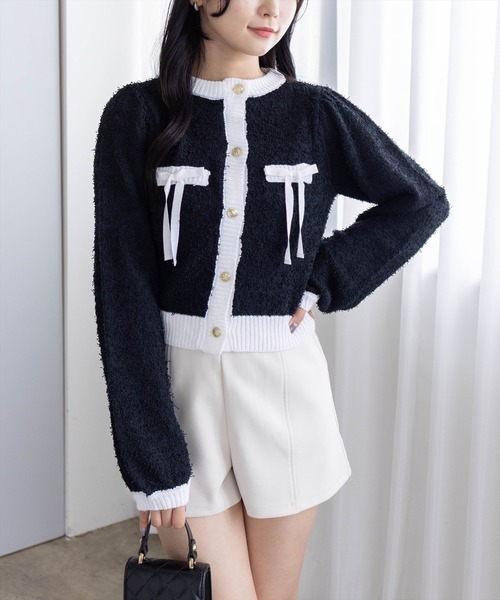 clear（クリア）の「ヒゲヤーン配色リボンニットカーディガン[大人 フェミニン 上品 ガーリー]（カーディガン/ボレロ・レディース・ピンク/アイボリー/ブラック・F）」の3枚目の写真