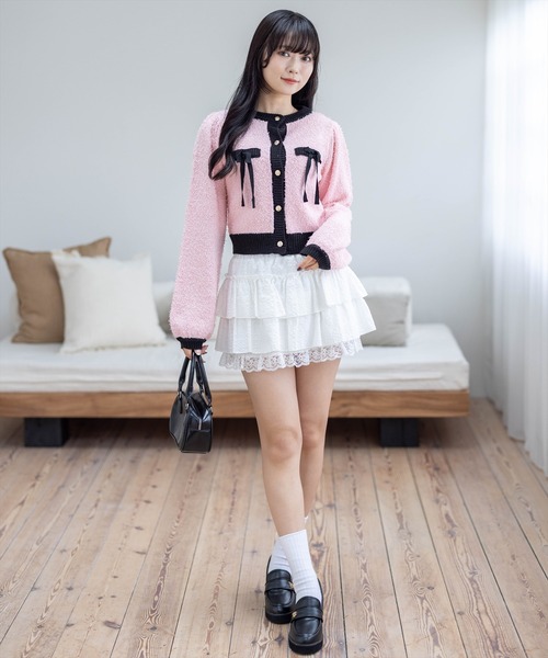 clear（クリア）の「ヒゲヤーン配色リボンニットカーディガン[大人 フェミニン 上品 ガーリー]（カーディガン/ボレロ・レディース・ピンク/アイボリー/ブラック・F）」の16枚目の写真