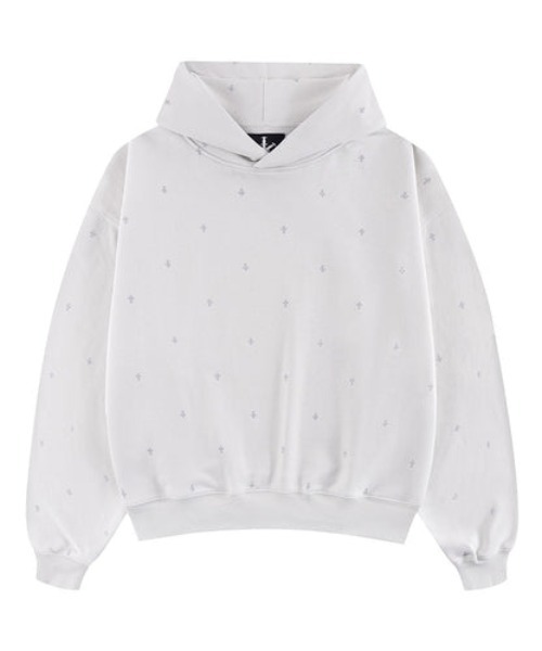 UNKNOWN LONDON(アンノウン・ロンドン)の「A'GEM/9 × .kom 『UNKNOWN LONDON/アンノウン ロンドン』 Tiny Cross Glitter Pullover Hoodie/タイクロス グリッター プルオーバーパーカー(パーカー・メンズ・オフホワイト/ブラック・L/XL)」の2枚目の写真
